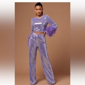 Purple Sequin and Feather Matching Set long sleeve high waist XS/S